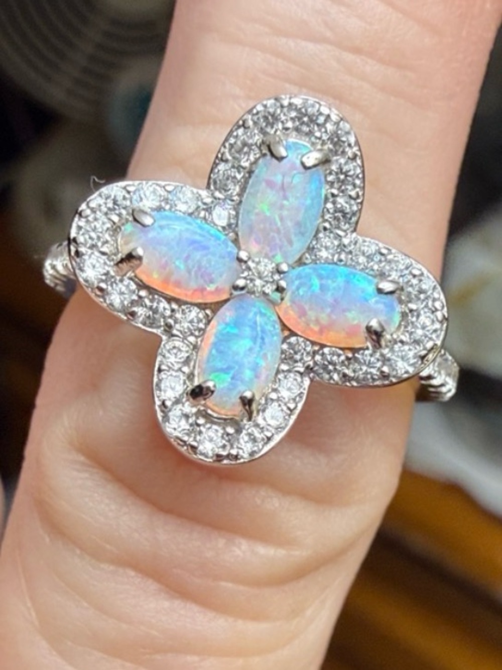 STUNNING Opal Flower Halo Cocktail Ring - Iridescent MOISSANITE DIAMONDS 925 SS